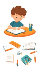 A boy is doing homework, in a simple flat illustration style with cartoon characters and lines, doodle style