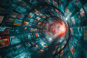 Tunnel made of twisted newspapers headlines creating swirling effect of information media noise and variety of different information, information filtering concept