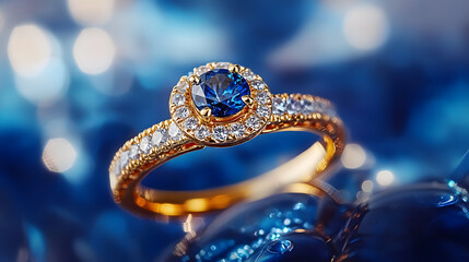 Beautiful gold engagement ring with sapphire and diamonds set against a vivid blue background. This exquisite jewelry was expertly and flawlessly retouched, befitting a jeweler.
