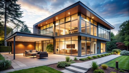 Fototapeta premium Midcentury modern style home with floor-to-ceiling windows and sleek design elements, midcentury, home,retro, vintage