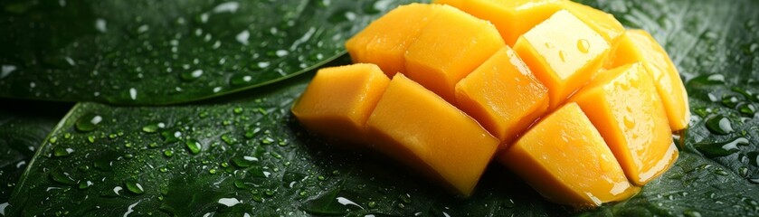 A vibrant mango slice rests on green leaves, glistening with droplets, showcasing its juicy texture and bright color.
