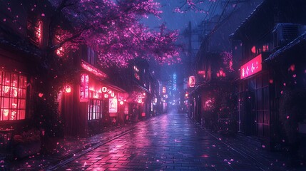 A misty, neon-lit street in a Japanese city at night, with cherry blossom petals falling.