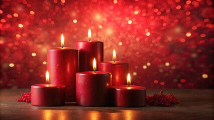 Red candles burning on a festive red background, Christmas, candles, red, holiday, decoration, flame, glowing, traditional
