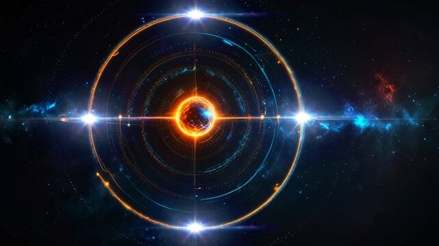 displays visuals that resemble astronomical and cosmic concepts. At its center is a luminous ball surrounded by rings or circular lines. the concept of the universe, energy, or cost harmony