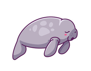 Cute manatee sticker. Adorable character with fins sleep. Arctic mammal mascot. Underwater world, sea and ocean fauna. Rest and relaxation. Flat vector illustration isolated on white background