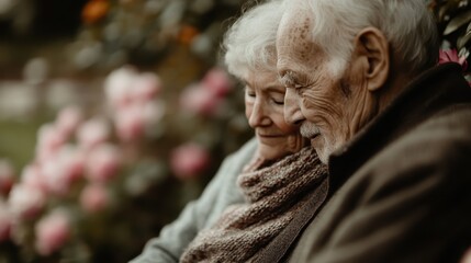 An elderly couple sits peacefully next to each other, conveying warmth and affection as they are surrounded by a backdrop of lush, blooming flowers in a gentle setting.