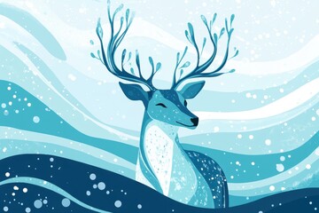 Obraz premium Stylized winter scene of a majestic deer with antlers in a snowy landscape, featuring flowing lines and cool blue tones