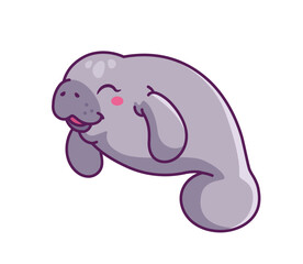 Cute manatee sticker. Adorable character with fins smile. Arctic mammal mascot. Underwater world fauna. Feelings and emotions. Flat vector illustration isolated on white background