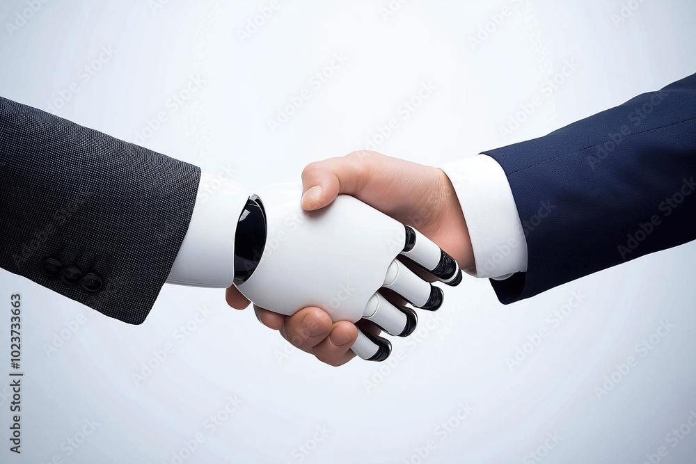 Poster a humanoid robot shaking hands with a businessman in an office setting