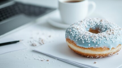 A close-up of a blue icing-covered donut resting on white paper, with a cup of coffee in the background and a laptop partially visible, creating a work-break setting.
