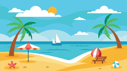 Beach Scene with Palm Trees, Sun, and Sailboat