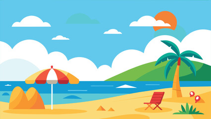 Beach Scene with Palm Tree, Sandcastle, and Chair