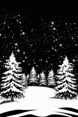 Obraz premium A black and white photo of a snowy forest with trees. The trees are bare and covered in snow, and the sky is dark