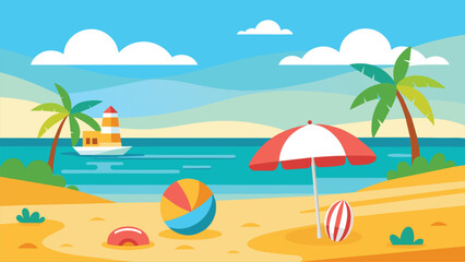 Beach Paradise with Palm Trees, Sunshades, and Boats