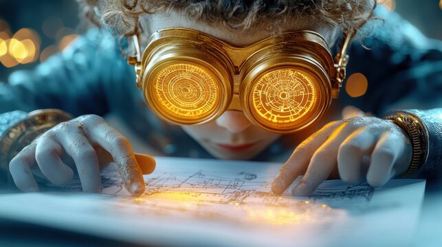 Portrait of a steampunk inventor with curly hair and brass goggles, examining a glowing blueprint surrounded by gears