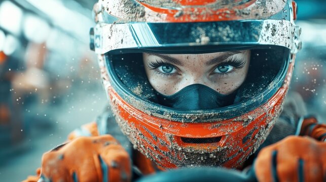 Portrait of a female race car driver with sweat on her face, gripping the steering wheel, set against a racetrack backdrop
