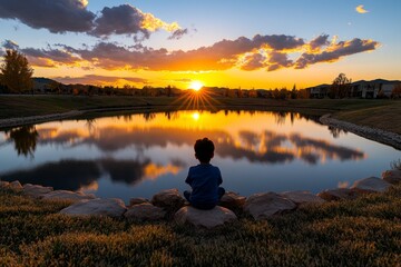 A peaceful moment of a person watching the sunset over a calm lake, captured in vivid realism, symbolizing the harmony and fulfillment of eudaimonia