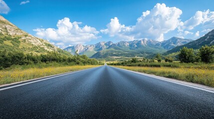 Naklejka premium A straight asphalt road leads through a valley towards majestic mountains under a clear blue sky with white clouds.