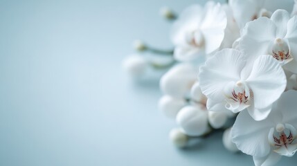 A cluster of delicate white orchids beautifully arranged against a pale blue backdrop, exhibiting timeless beauty and grace with an ethereal charm and elegance.