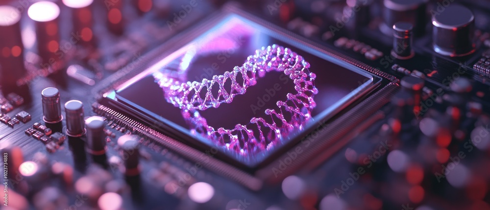 Poster a glowing double helix dna strand sits in a computer chip.