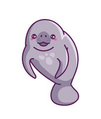 Cute manatee sticker. Character with fins smile. Grey arctic mammal mascot. Underwater and aquatic wildlife. Marine creature. Flat vector illustration isolated on white background