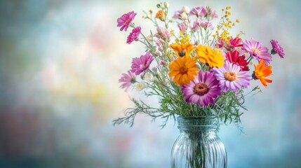 A vibrant bouquet of wildflowers in a glass jar sits on a table against a soft, blurred background, creating a cheerful atmosphere