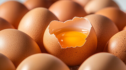 Group of brown raw eggs, one is broken on whi&Auml;&Yuml;te background -