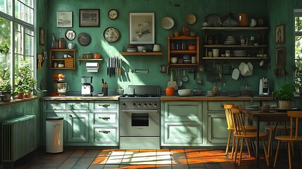 A cozy kitchen with rustic wooden cabinets, a green tiled backsplash, and warm sunlight streaming through the window.