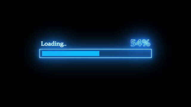 Glowing neon blue colour loading bar with counting from 0 to 100 percentage animation on black background.