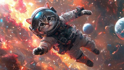 Fototapeta premium A cute cat astronaut floating in space, surrounded by colorful planets and stars, with a cosmic background. 