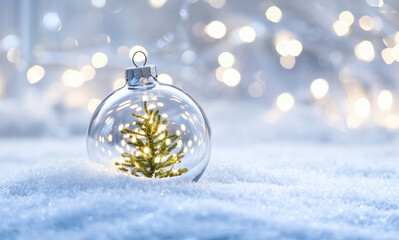 Delicate Christmas bauble with a tiny golden tree, resting on snow, sparkling bokeh lights, peaceful winter atmosphere, holiday decoration