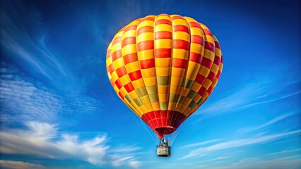 Fototapeta premium Medium shot of hot air balloon in yellow and red colors flying in blue sky