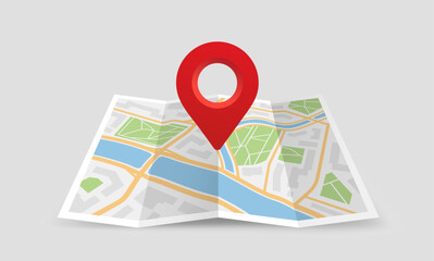 Map with GPS pin. Navigation and direction. City map with infrastructure. Travel and tourism. Journey and adventure. Guide for tourists. Isometric vector illustration isolated on beige background © Rudzhan