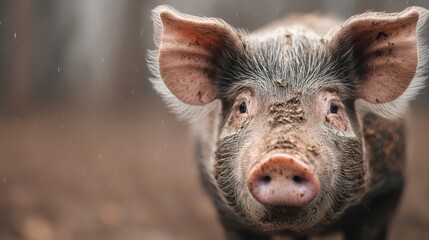 A wild-eyed pig with a muddy snout stands in the rain, capturing the essence of rural life and the resilience of farm animals in a natural environment.