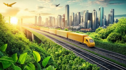 Obraz premium A yellow train carrying cargo travels through a lush green landscape with a modern city skyline in the distance. The sun is setting and casting a warm glow over the scene.