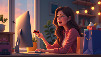 Excited young woman shopping online with credit card and computer in cozy workspace
