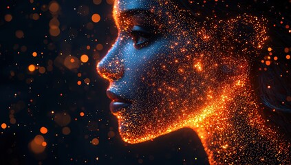 illustration of the profile face of an AI robot made up only from glowing digital data points, set against a dark background with bokeh lights