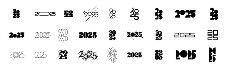 A versatile typographic logo set for 2025 in black and white, showcasing various design styles for Christmas and New Year-themed graphics, suitable for media.
