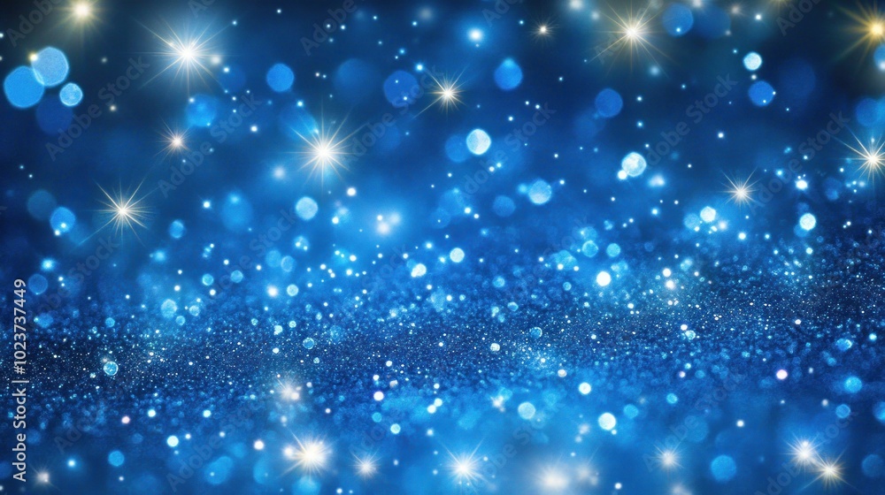 Poster a sparkling blue background filled with shimmering lights and bokeh effects.