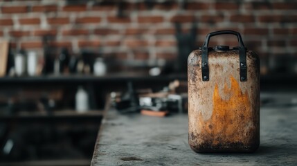 A rusty tin can with a flame logo stands on a work table in an industrial setting, surrounded by blurred tools, symbolizing resilience and forgotten utility.