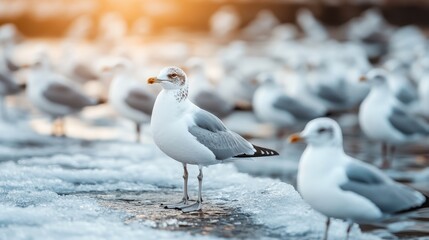 Obraz premium A serene scene depicting a flock of seagulls standing on icy water, with the soft glow of sunrise providing a warm backdrop to the tranquil winter landscape.
