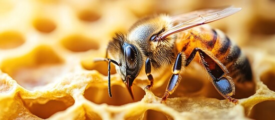 Close-up of a Honeybee on Honeycomb