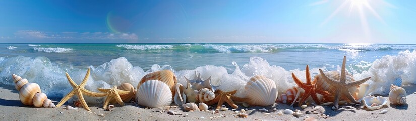 A panoramic view of the sandy beach with seashells and starfish, set against an azure ocean backdrop