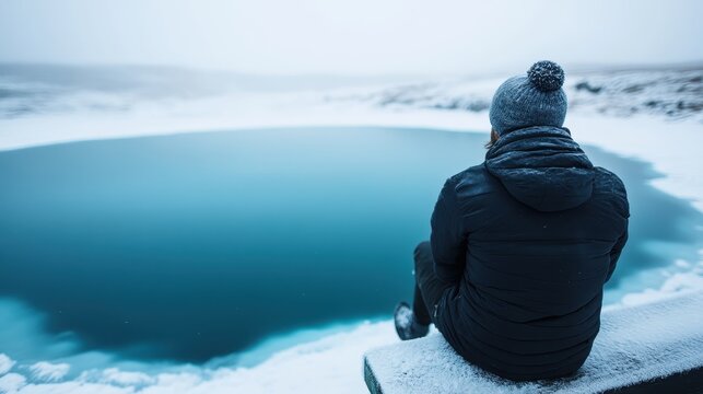A solitary traveler in a warm coat sits contemplatively on a bench by a crisp frozen lake, capturing the serene essence of nature's winter quietness.