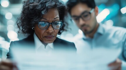 Two professionals, intensely focused, closely examine important documents in a modern office setting, highlighting teamwork and collaboration in the workplace.