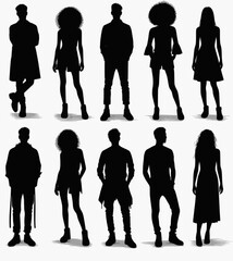 Vector silhouettes man and women, illustration. Silhouettes of young people posing in fashionable clothes.