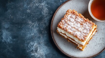 A visually pleasing arrangement of a cake slice topped with frosting, paired with a steaming cup of tea, set on a rustic background, invoking warmth and coziness.