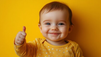 A joyful baby wearing a yellow outfit gives a thumbs up against a vibrant yellow background, exuding positivity and happiness.