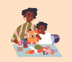 Mom and kid craft. Mother and daughter craft cat from paper. Handicraft and handmade origami. Development of childrens creative skills. Hobby and activity. Flat vector illustration