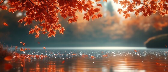 Serene lake landscape during autumn, featuring vibrant red leaves and glistening water reflecting the colorful scene.